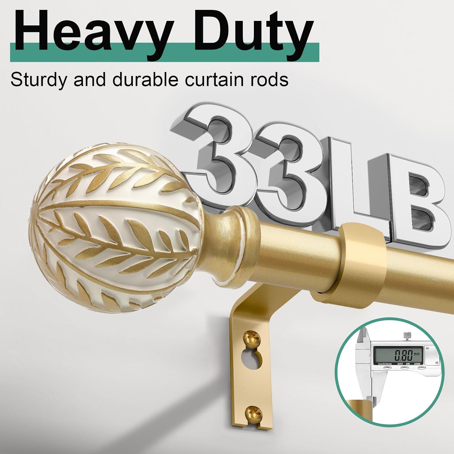 Detalle 2 de QDWIS CA-QD-01-GD-36-120 Boho Gold Curtain Rod, 66–120 in, Leaf Finials