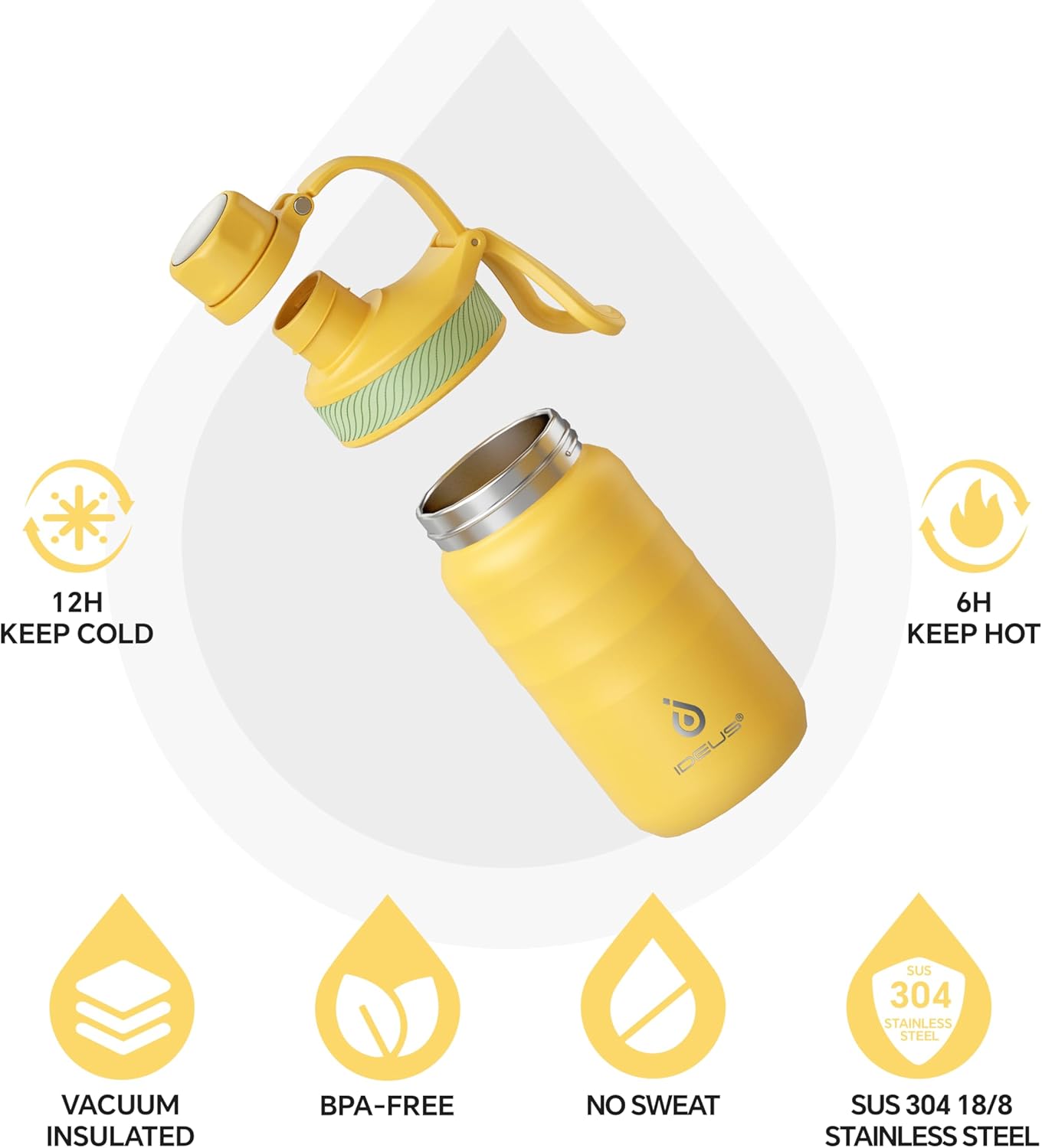 Thumbnail 1 de Ideus IDEUS Insulated Water Bottle 360ml/12oz (Stainless Steel, Leakproof) with Straw & 2 Lids