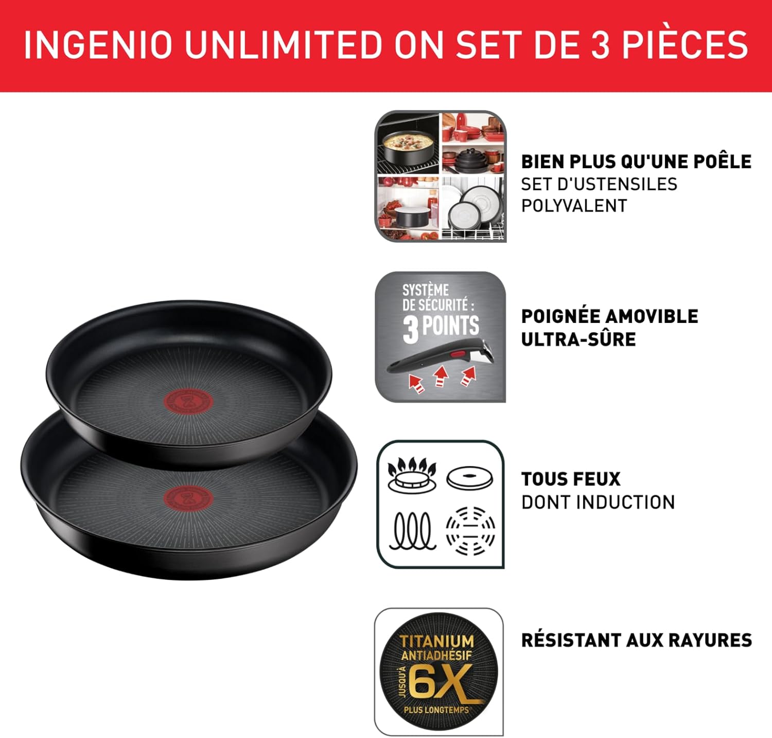 Thumbnail 1 de Tefal Ingenio Unlimited: Lot de 2 poêles 22/26 cm avec poignée amovible, induction, réacteur antiadhésif et empilable