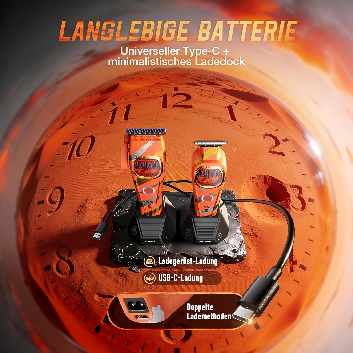 Thumbnail 5 de SUPRENT Sandstorm professioneller Herren-Haarschneider mit 8.500 U/min, Zero-Gap T-Blade & Titan-Klingen (blau/Orange)