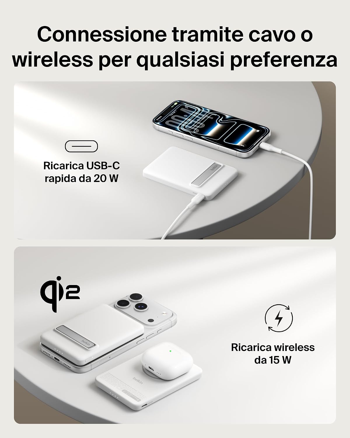 Detalle de Belkin BoostCharge Power Bank Magnetico 5000mAh Qi2 15W – Caricatore Wireless Portatile con Supporto Rimovibile