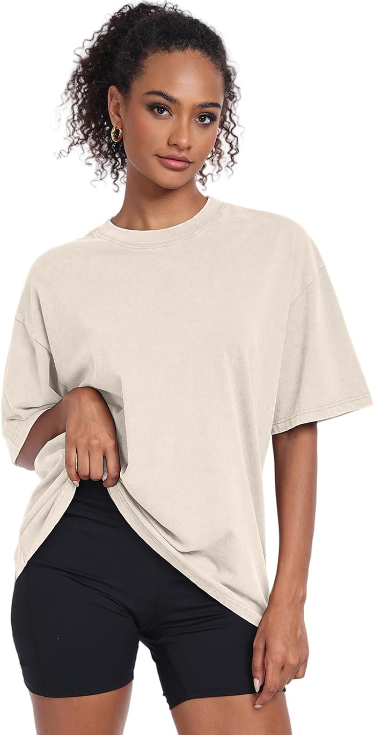 Detalle de KEEPSHOWING Vintage Oversized Acid-Wash Cotton T-Shirt for Women