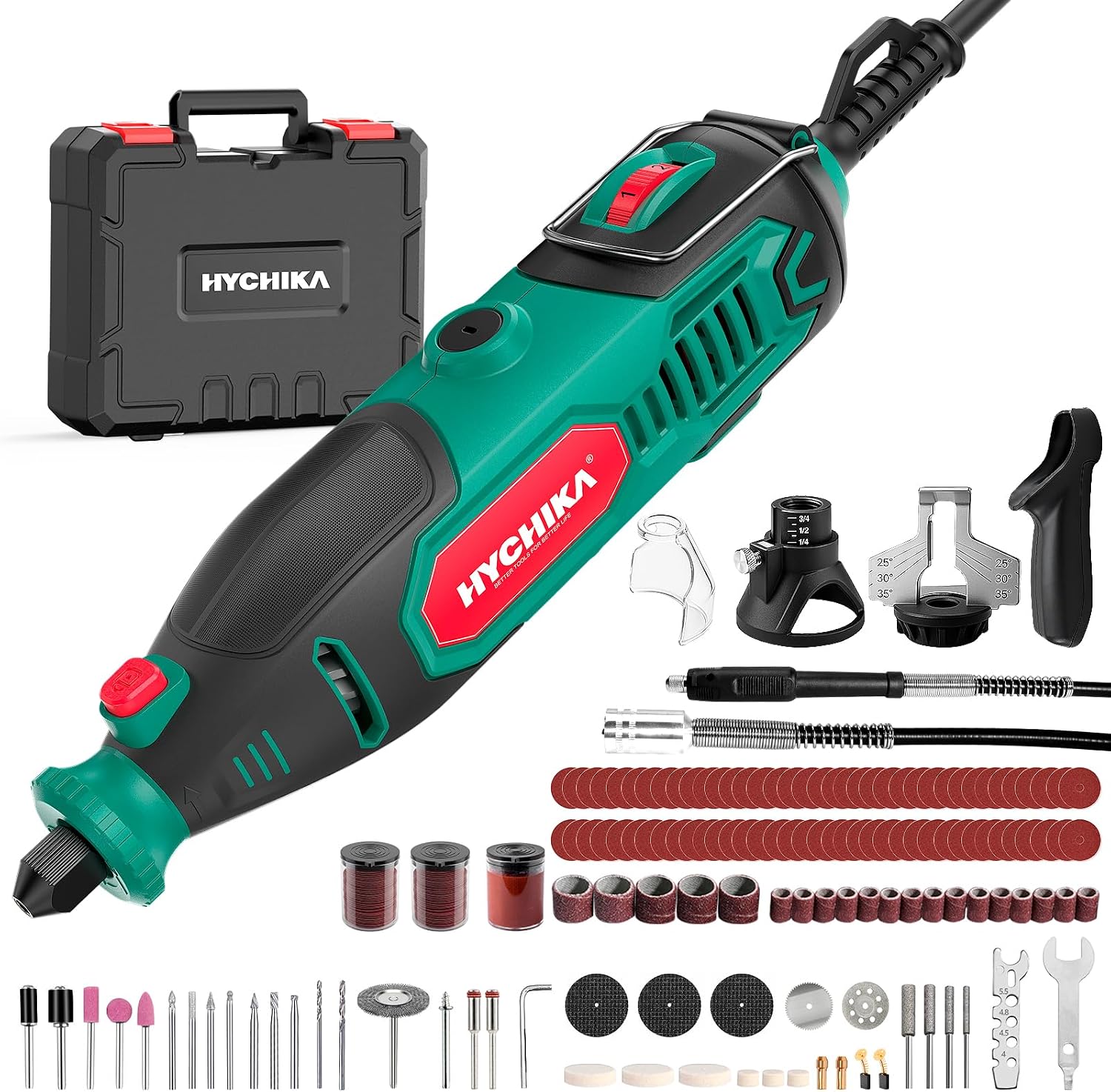 Detalle de HYCHIKA Rotary Tool Kit with Chainsaw Sharpener – 150W, 7-Speed, 167 Accessories