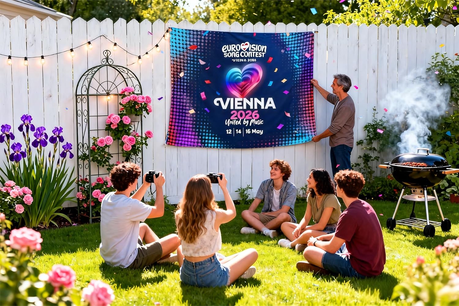 Detalle 2 de Eurovision Song Contest 2026 Vienna Party Decorations: Flag Banner (120 × 180 cm)
