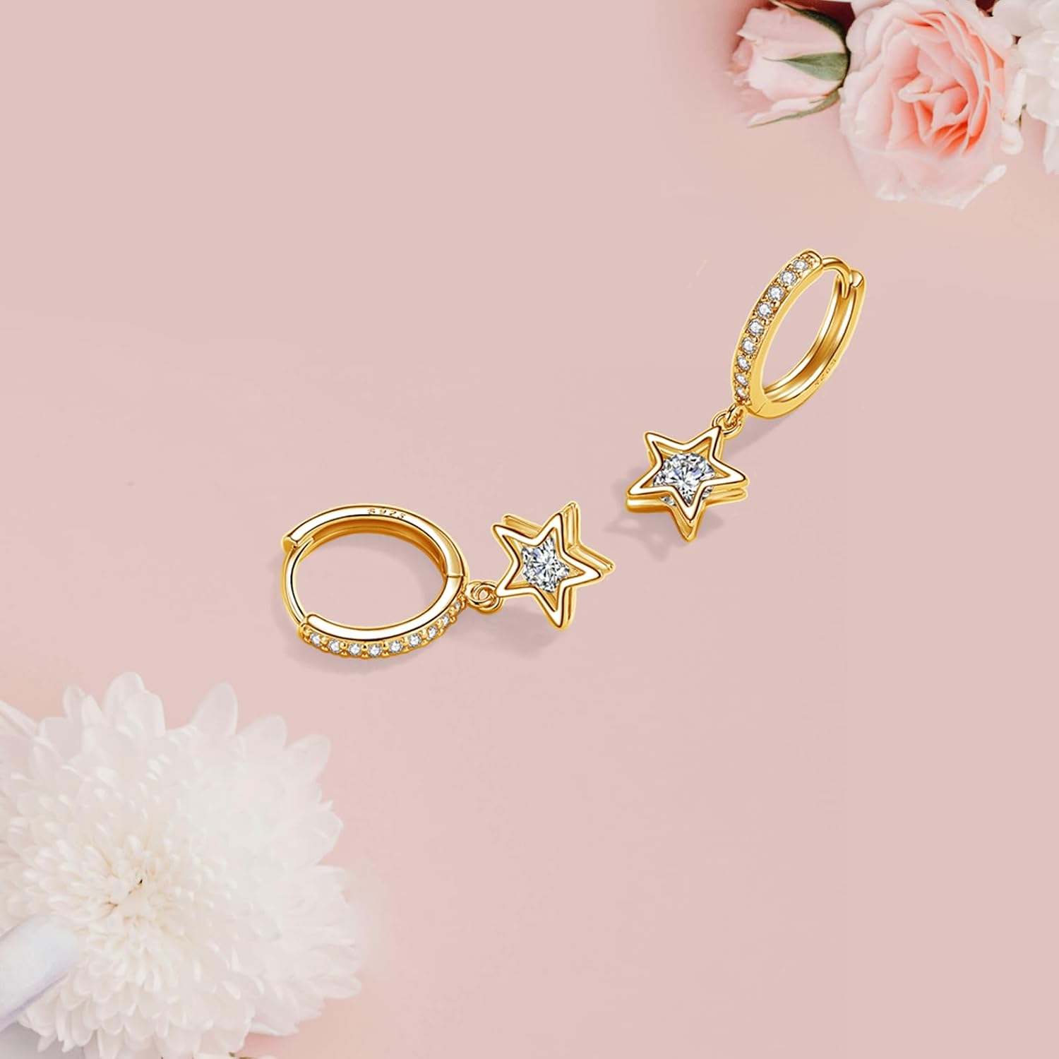 Detalle de Josfeva 925 Sterling Silver Hanging Hoop Earrings with Zirconia Pendants (Star, Teardrop or Heart)