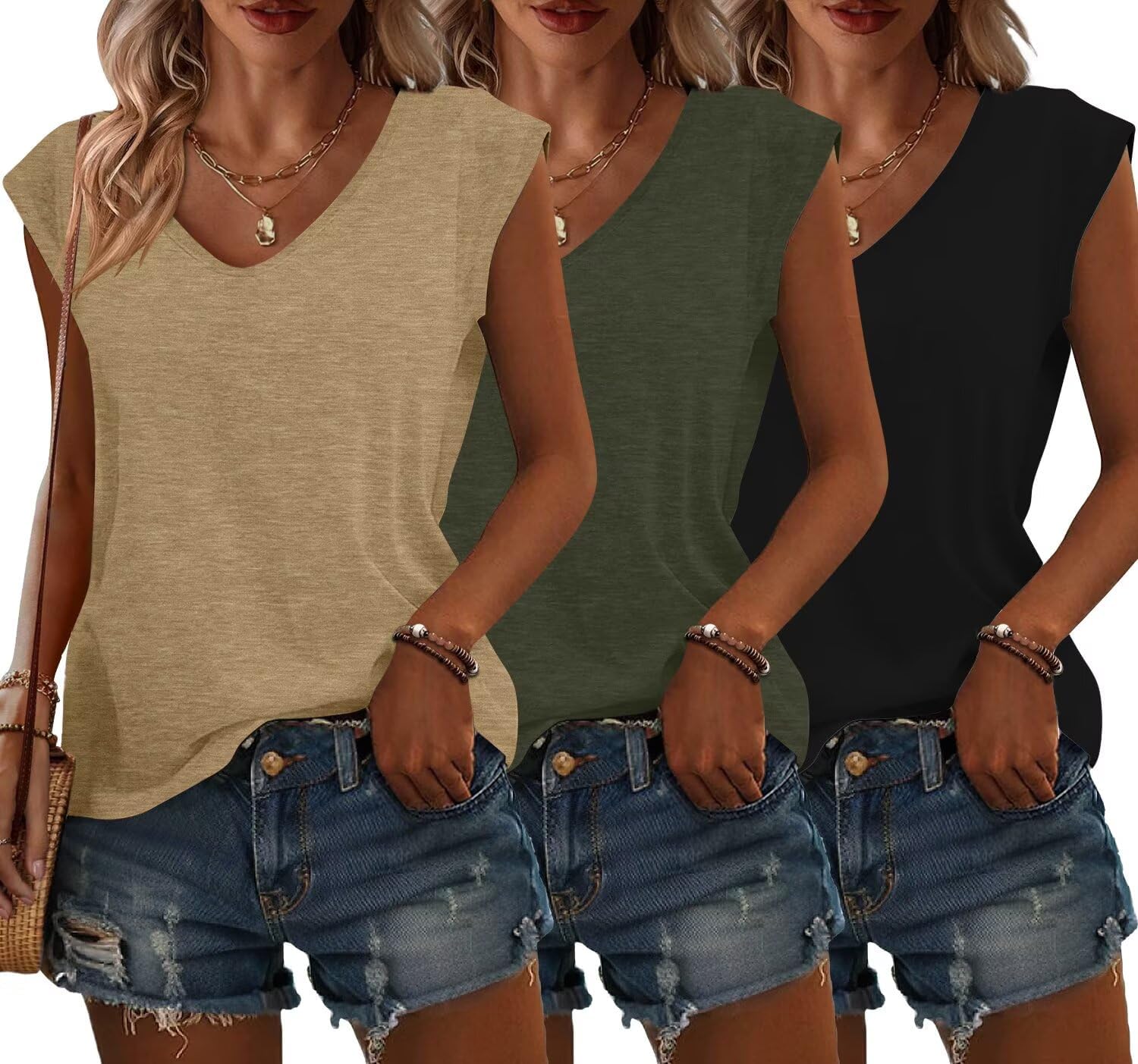 Thumbnail 5 de Bliwov 3-Pack Women’s Cap Sleeve V-Neck T-Shirts (Polyester/Rayon/Spandex)