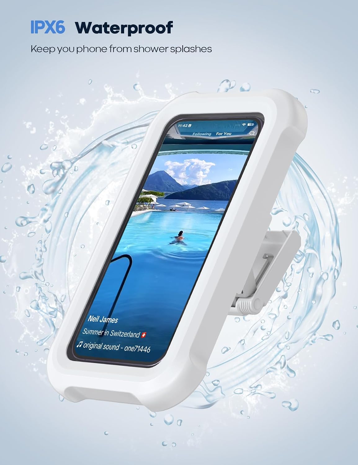 Detalle de Lamicall Waterproof Shower Phone Holder with 480° Rotation, Anti-Fog Touchscreen Wall Mount (Fit 4–7") – White