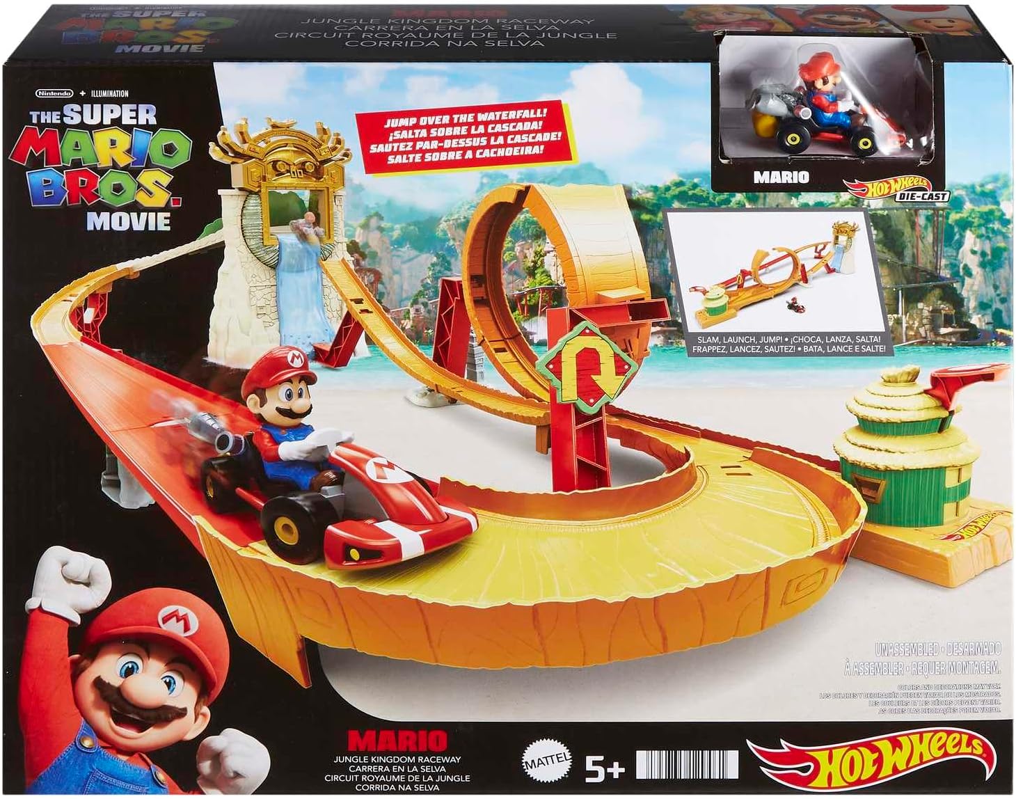 Thumbnail 6 de Hot Wheels Jungle Kingdom Raceway-lekset HMK49 med Mario-bil i skala 1:64