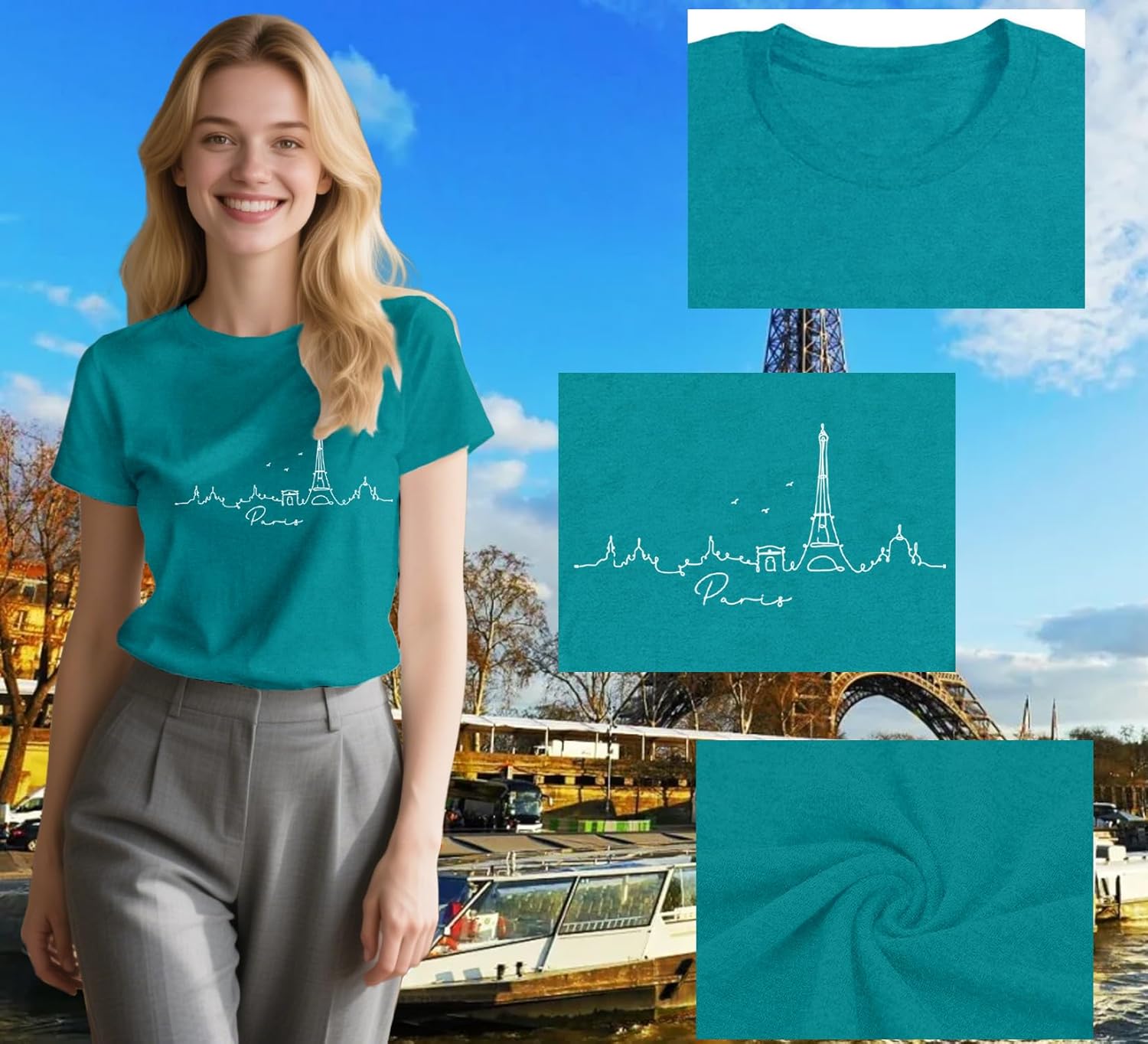 Detalle de Qskall Women's Paris T Shirts Travel in France Tee – Eiffel Tower Bonjour Top