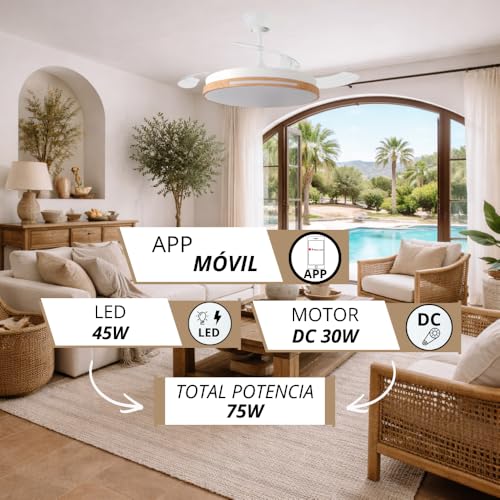 Detalle 2 de NARVI Ventilador de Techo Blanco y Madera Haya Ø107 cm con Luz LED regulable y Mando a distancia – modelo 8936 WDN