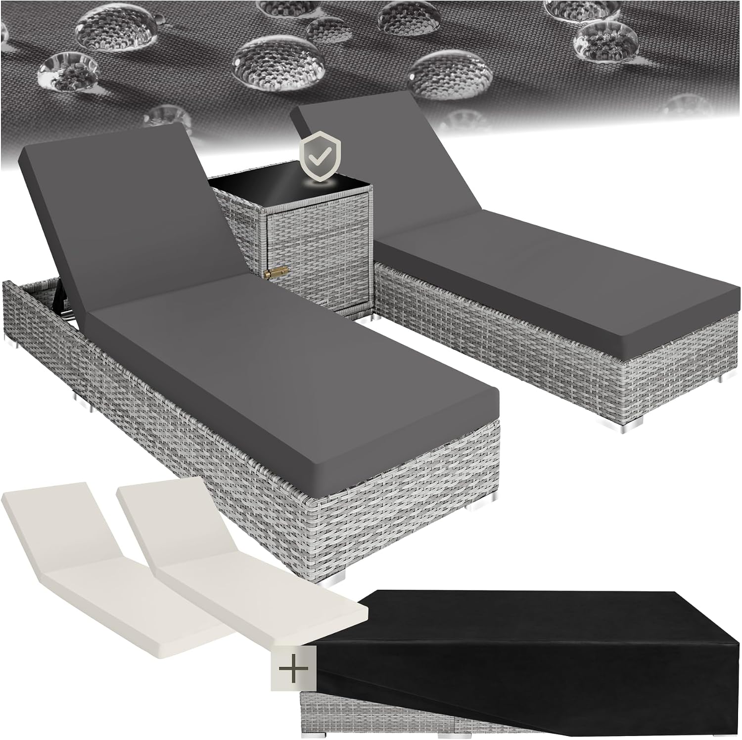 Detalle de tectake® 2er Garten Lounge Sonnenliegen-Set mit Tisch (2er Set, hellgrau)