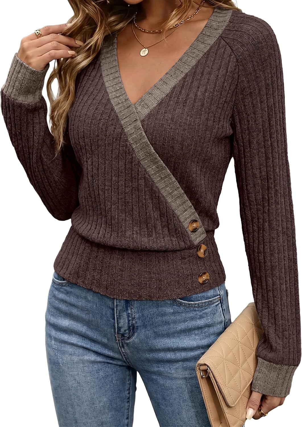 Detalle de OFEEFAN Women's Long-Sleeve Wrap Top, Ribbed Knit