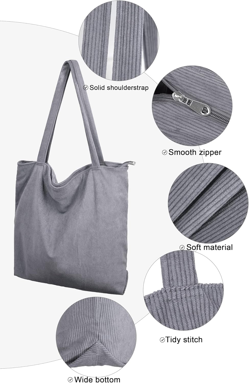 Detalle de Cord Tasche Damen Umhängetasche Tote Bag – Große Kapazität, Reißverschluss, Kord
