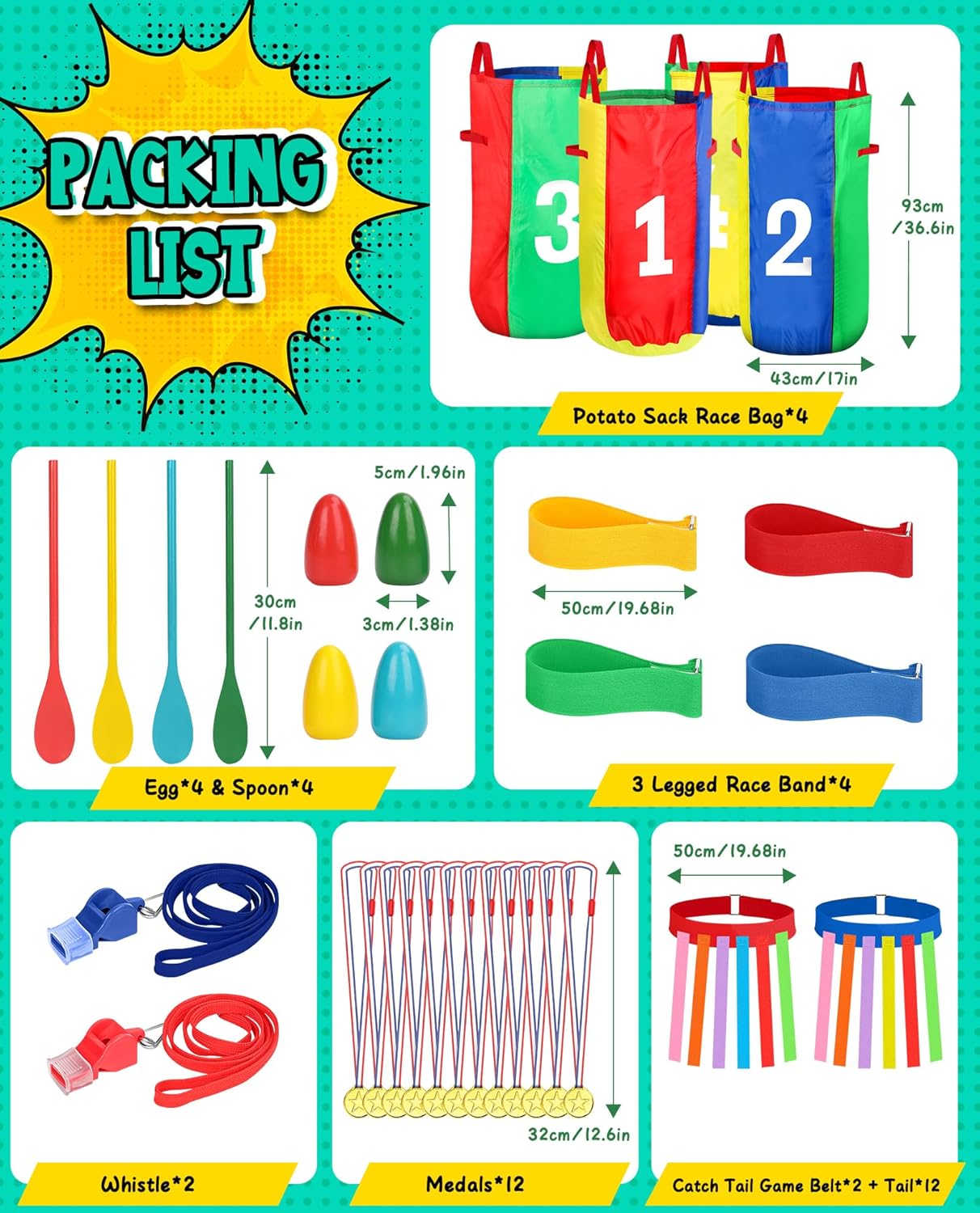 Thumbnail 3 de Eocolz Outdoor Carnival Games set for Easter, birthdays and field days – potato sack bags, 3-legged race bands, egg & spoon and catch-tail belts