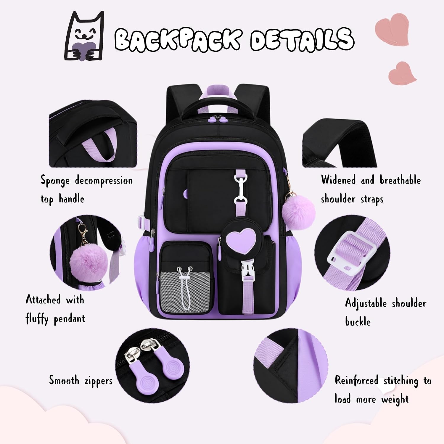 Detalle de GRUOTEIS Kids Backpack for Girls: Practical, comfortable and multi-pocket school bag
