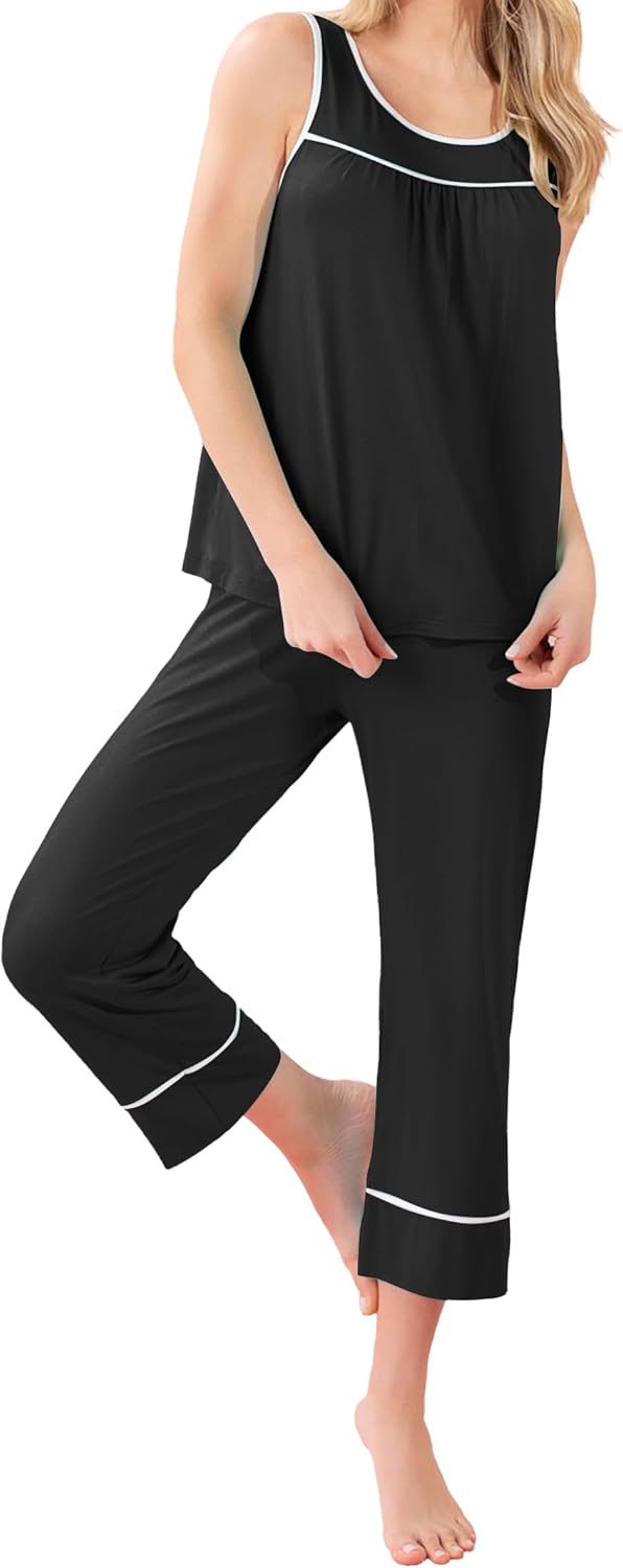 Detalle de Famulily Women's Sleeveless Pj Set with Piping – Capris, Pockets, S-XXL