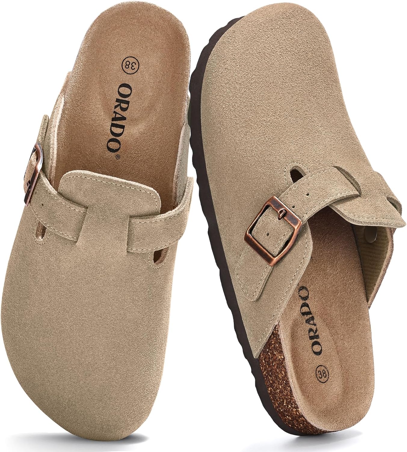 Detalle de ORADO Genuine Suede Clogs with Cork Footbed, Arch Support and Buckle