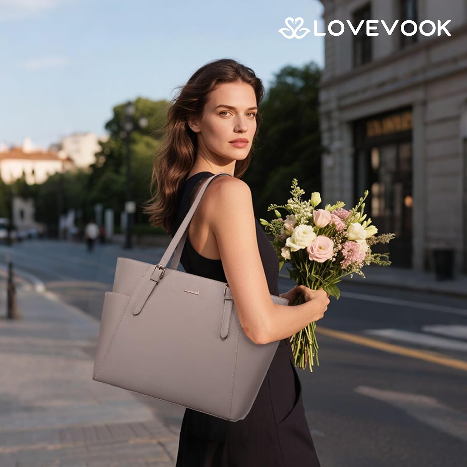 Detalle 2 de LOVEVOOK Leather Laptop Tote Bag, 15.6-Inch Padded Compartment and Large Cup Holder