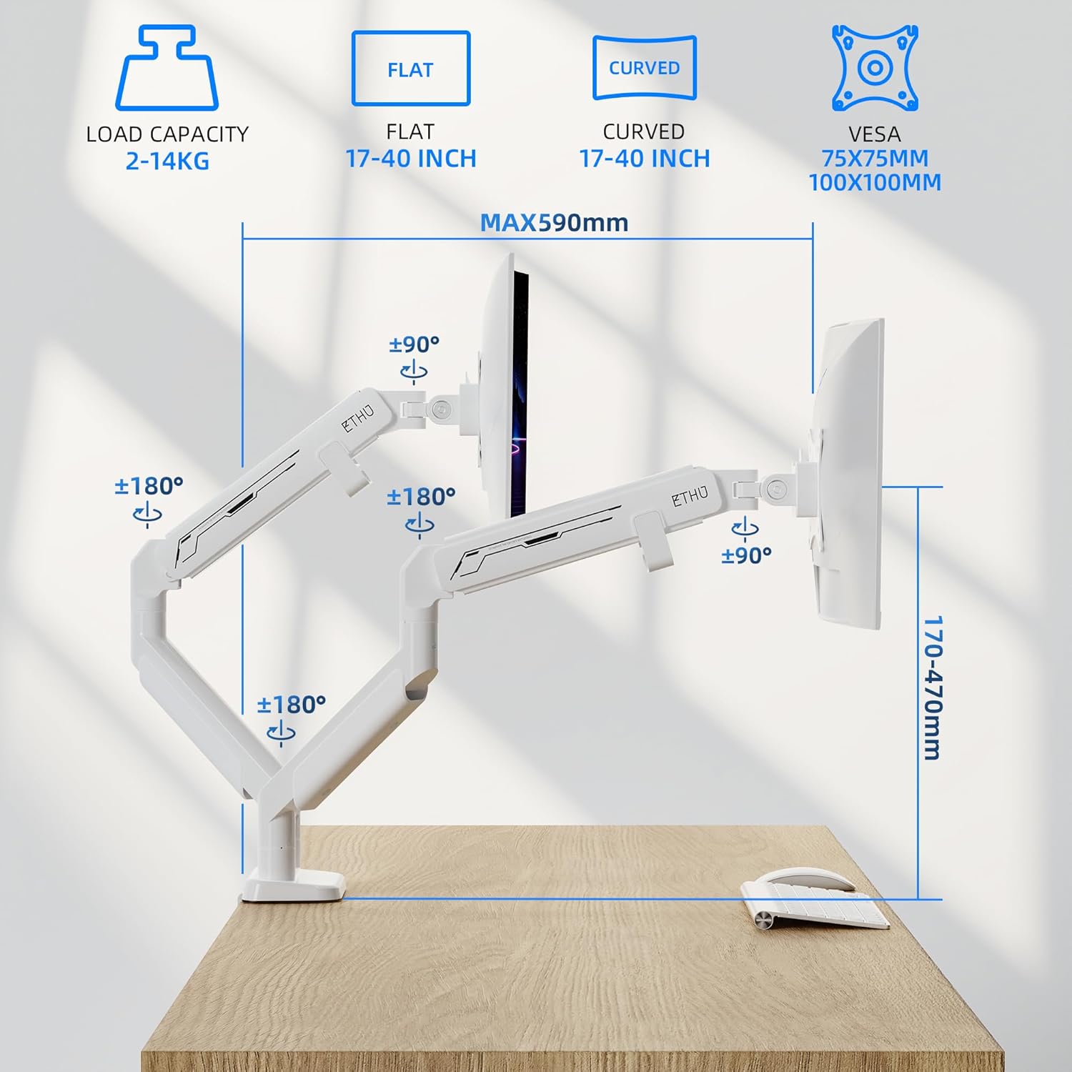 Thumbnail 1 de ETHU Heavy-Duty Dual Monitor Arm – stabile Halterung für 2 Monitore bis 38 Zoll, je Arm 14 kg, VESA 75x75/100x100, Weiß