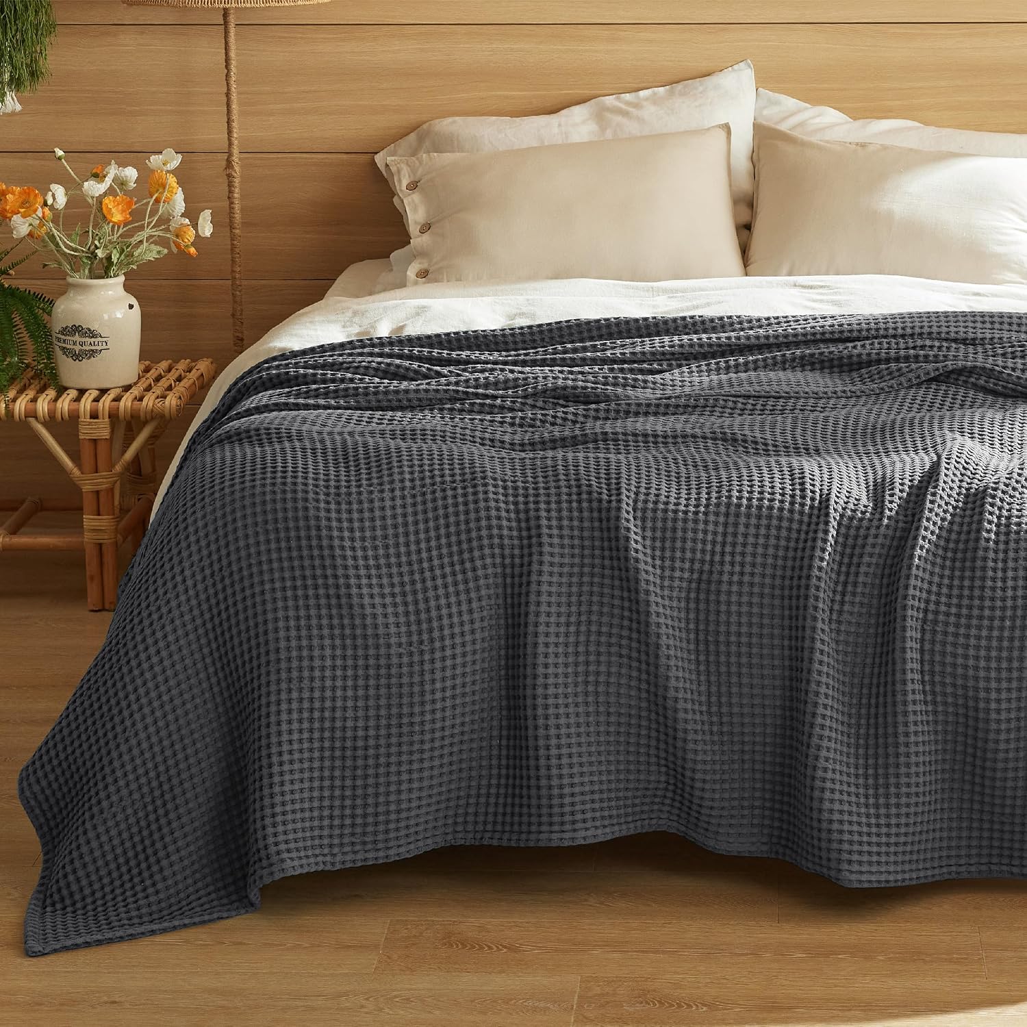 Detalle de Bedsure Blanket-Cotton-Fine Waffle King Cotton Blanket, Dark Grey