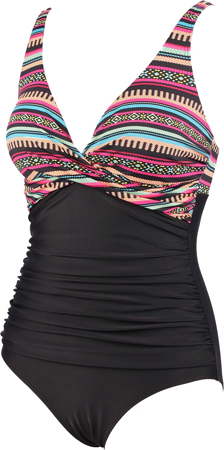 Detalle de LA ORCHID Damen Badeanzug „Bauchweg“ mit Push-up, V-Ausschnitt und hoher Taille (einteilig)