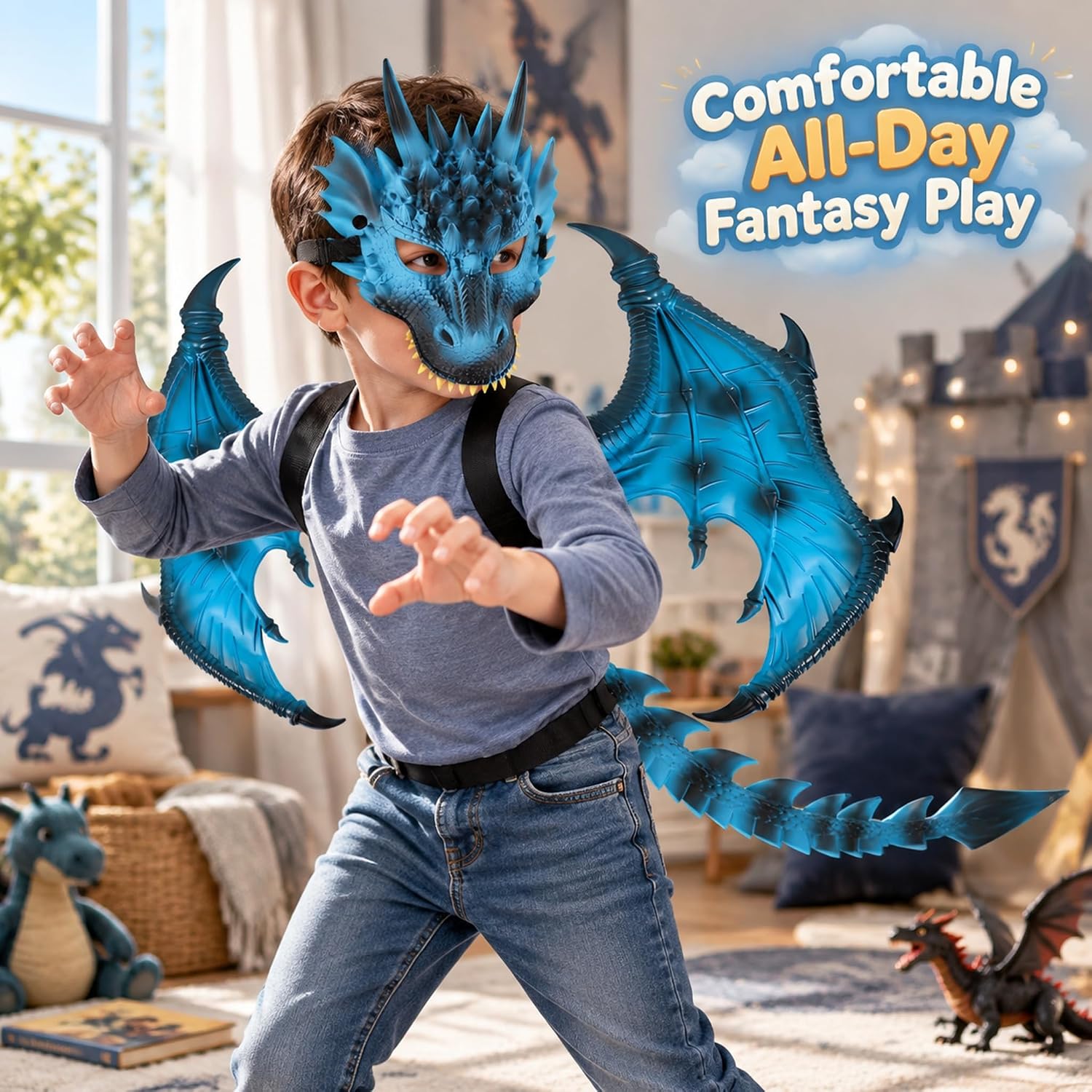 Detalle 2 de CRTEPST Dragon Costume for Kids, Ice Blue Mask, Wings and Tail