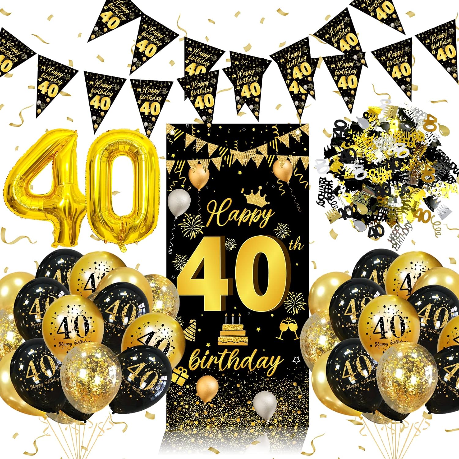 40th Birthday Balloons & Decorations (Gold and Black) – Banner, Bunting, Foil Number 40 and Confetti Balloons