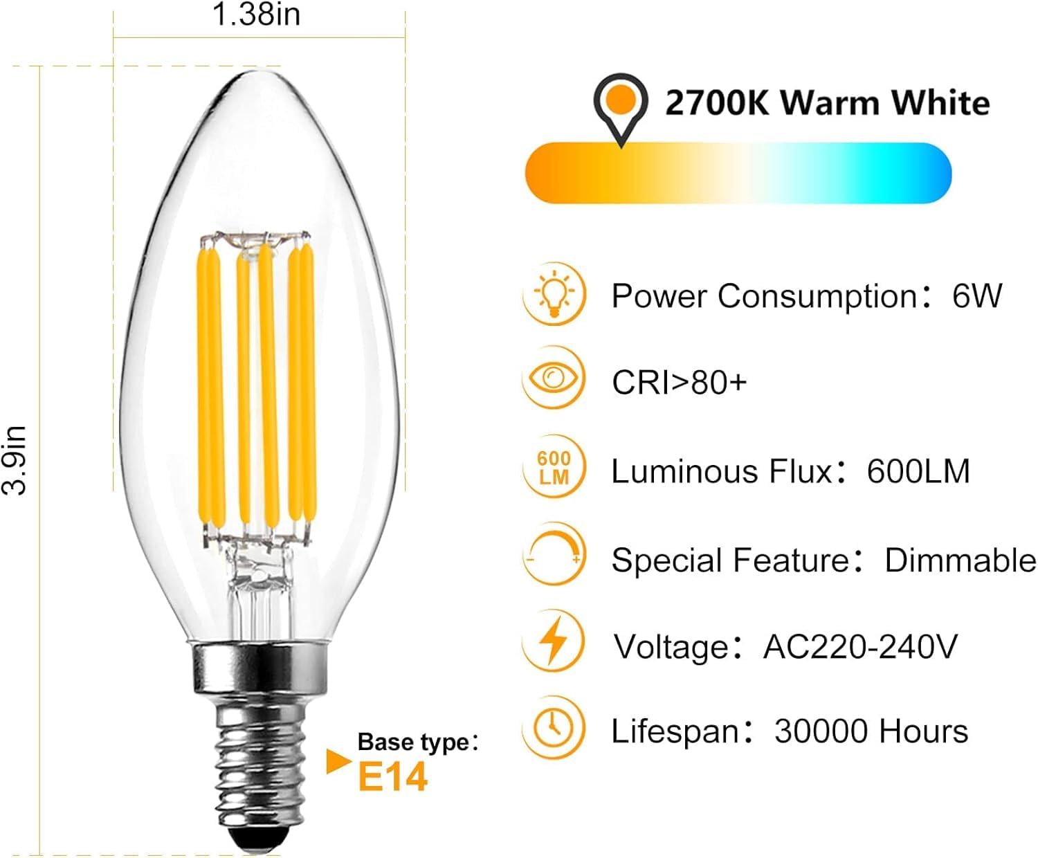 Detalle 2 de BRIMAX E14 LED Candle Bulb 6W dimmable 2700K