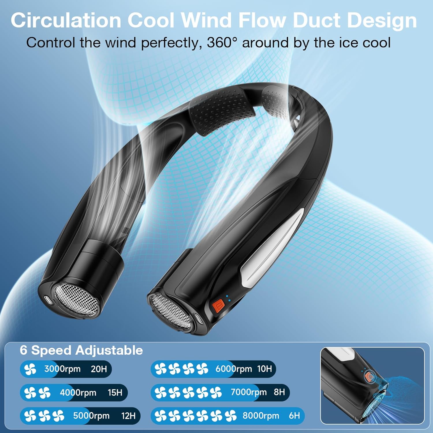Detalle de Hionly AI Neck Fan: 6-Speed Wearable Personal Cooling with 6000mAh Battery