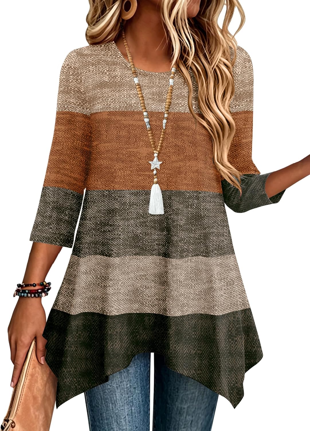 Detalle de Zeagoo 3/4-Sleeve Plus-Size Tunic Top with Crew Neck and Asymmetrical Hem