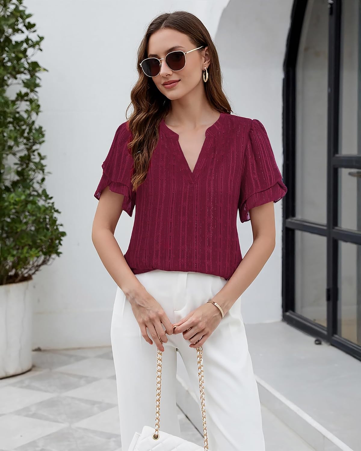 Thumbnail 5 de Lotusmile Women's Dressy Chiffon Blouses: Summer Puff Petal Short Sleeve V-Neck Top