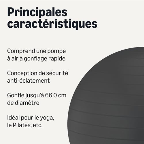 Detalle de Amazon Basics Ballon d'exercice de Yoga 58–66 cm Noir – stabilité et confort pour le quotidien