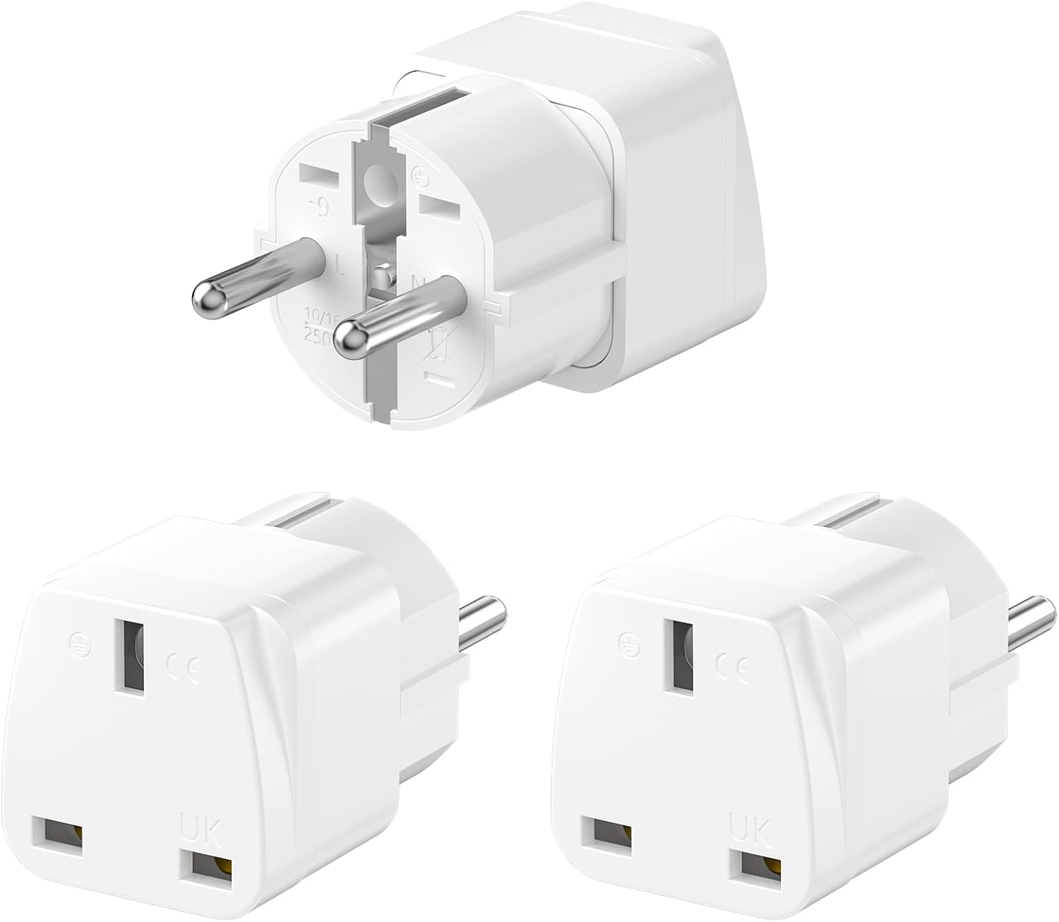 Detalle 2 de HITRENDS Reiseadapter UK auf EU (Typ J → Typ E/F/G) – 3er Set, weiß