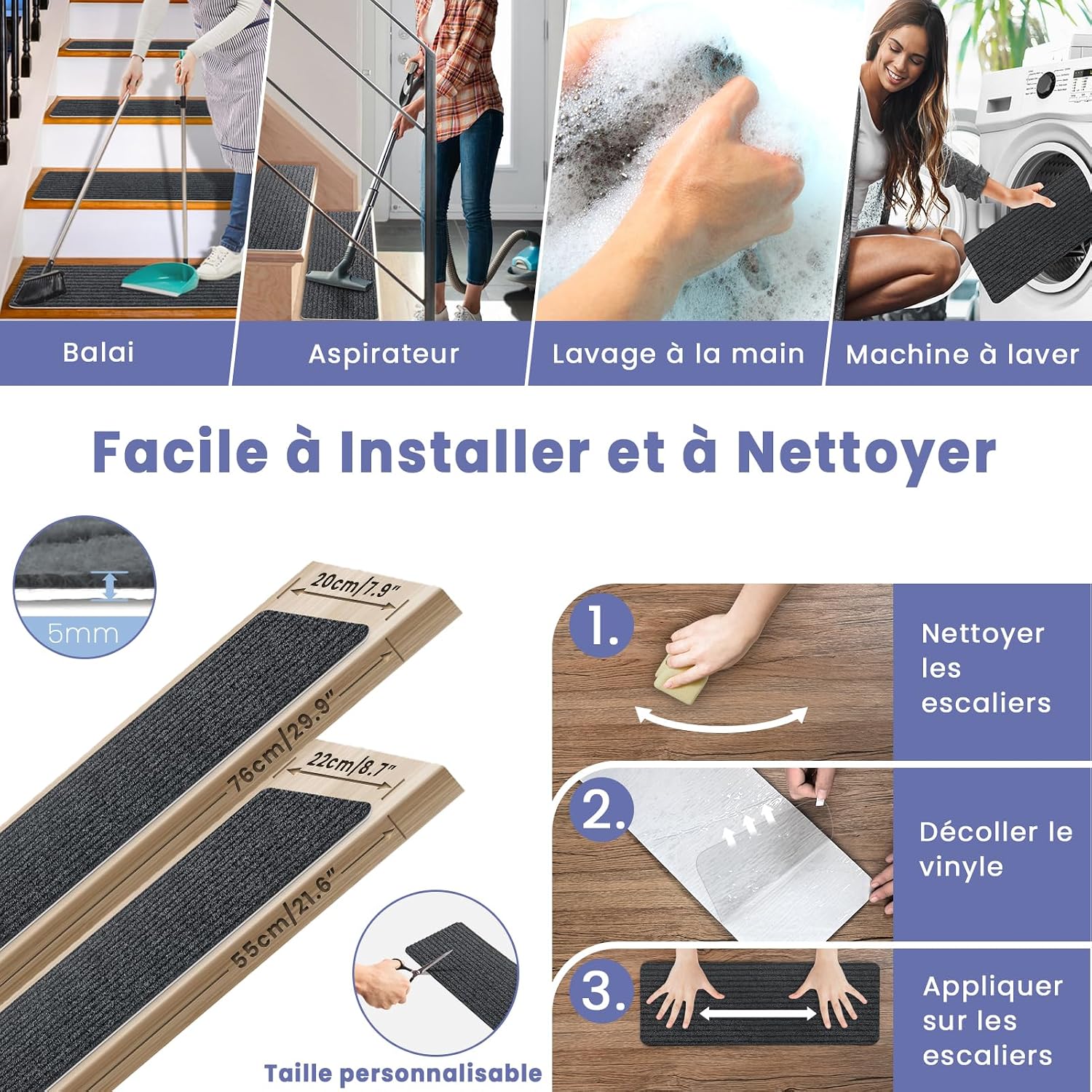 Detalle de Homwiz DDLTD08 trapmatten, 15 stuks, 55 x 22 cm, antislip voor binnen