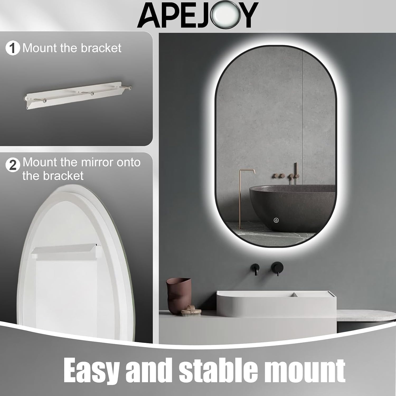 Detalle de ApeJoy Specchio da bagno ovale a LED 45x75 cm con cornice in metallo nero opaco