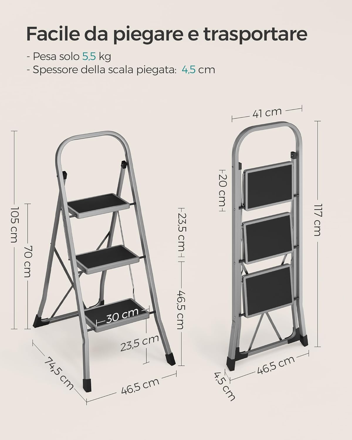 Thumbnail 5 de SONGMICS Scaletta GSL003GY01: Scala a 3 Gradini Pieghevole con Chiusura di Sicurezza e Portata 150 kg