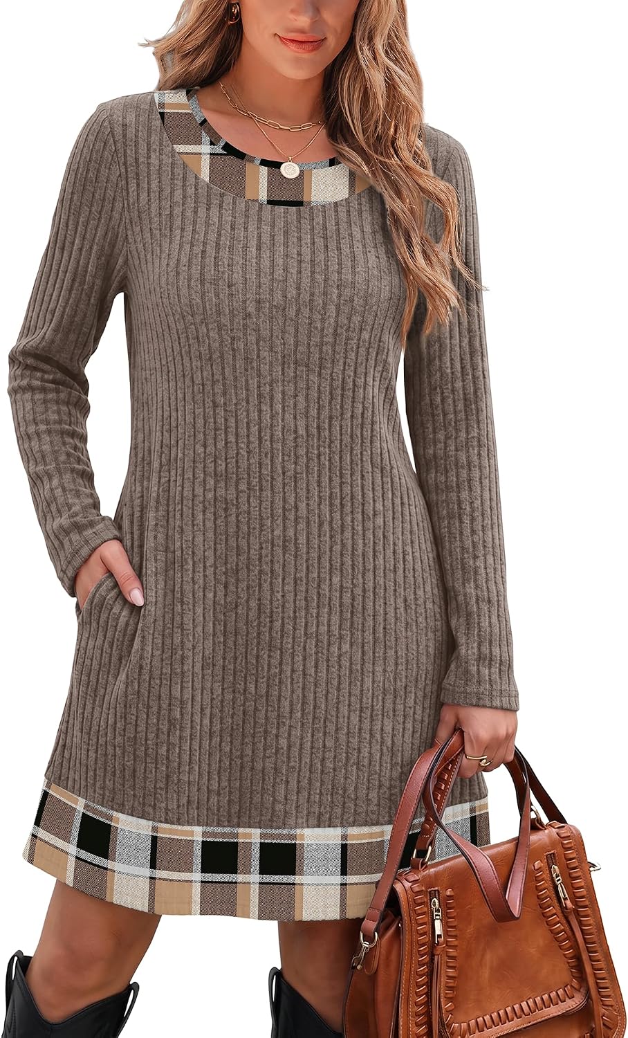 Thumbnail 3 de OFEEFAN Long Sleeve Color-Block Sweater Dress with Ribbed Knit and Side Pockets