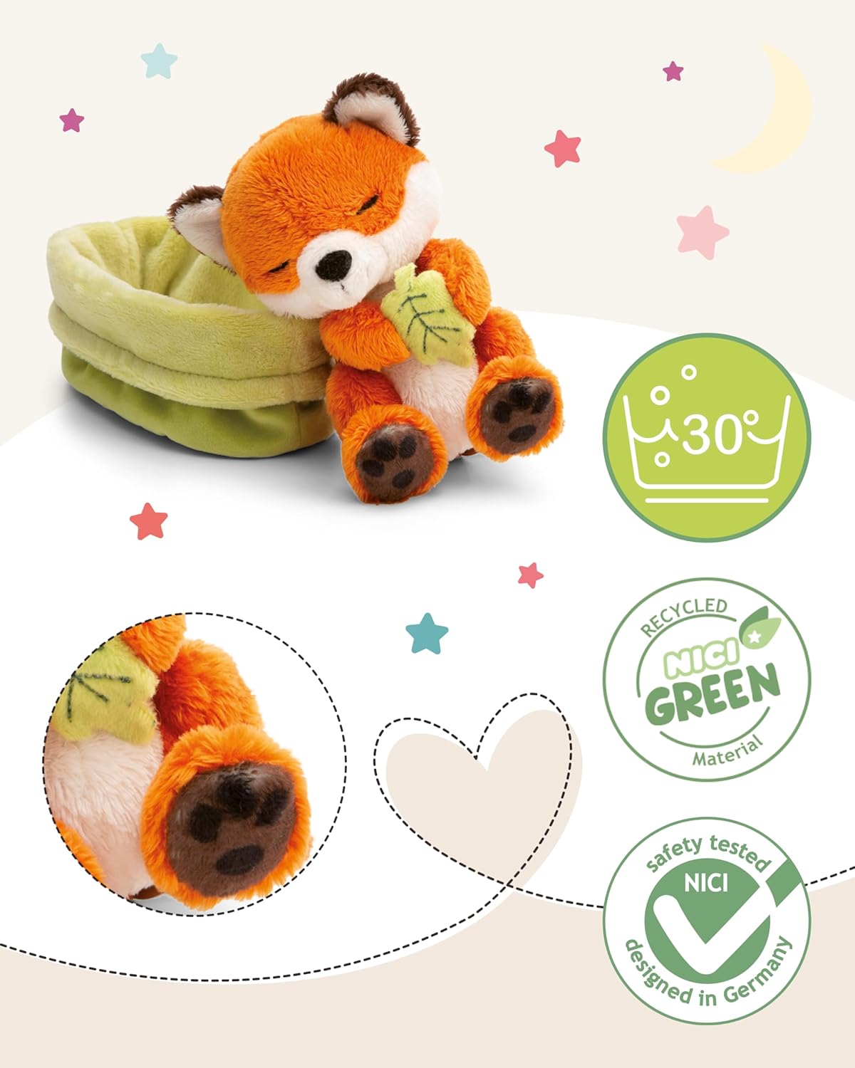 Detalle de NICI Kuscheltier Fuchs mit Blatt – 12 cm, schlafend im Körbchen, orange