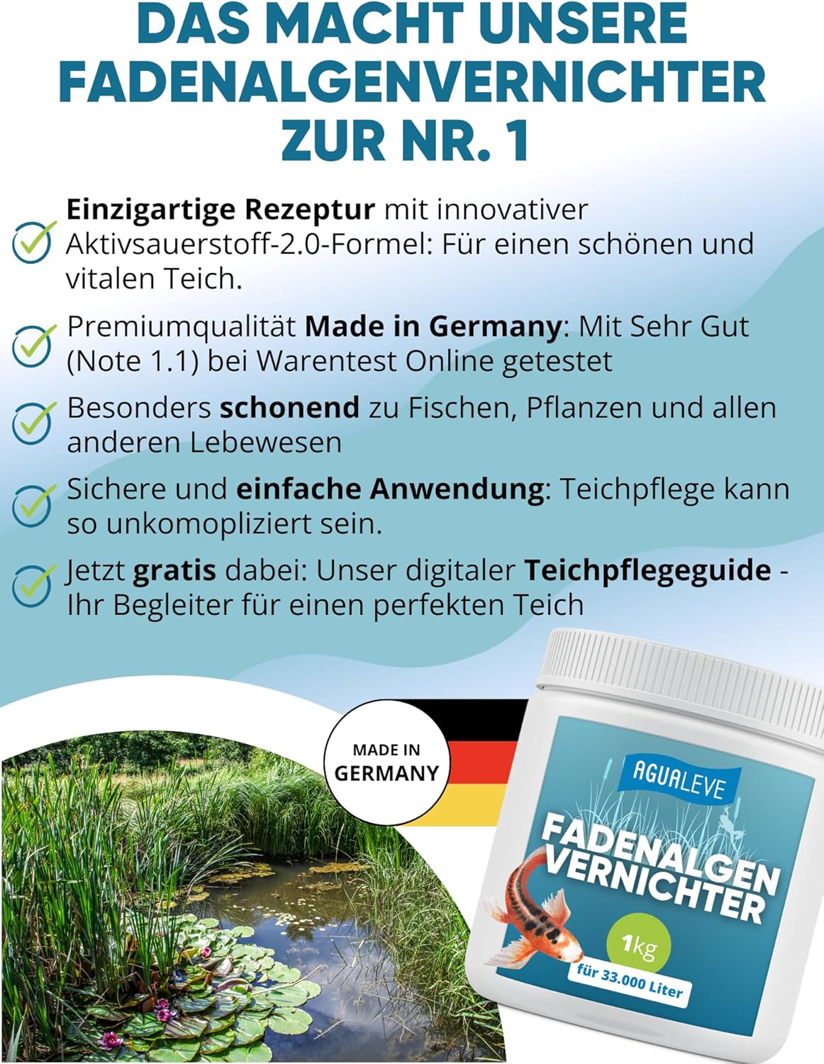 Thumbnail 2 de AGUALEVE® Fadenalgenvernichter 1 kg mit Aktivsauerstoff-2.0-Formel für bis zu 33.000 l Teichwasser