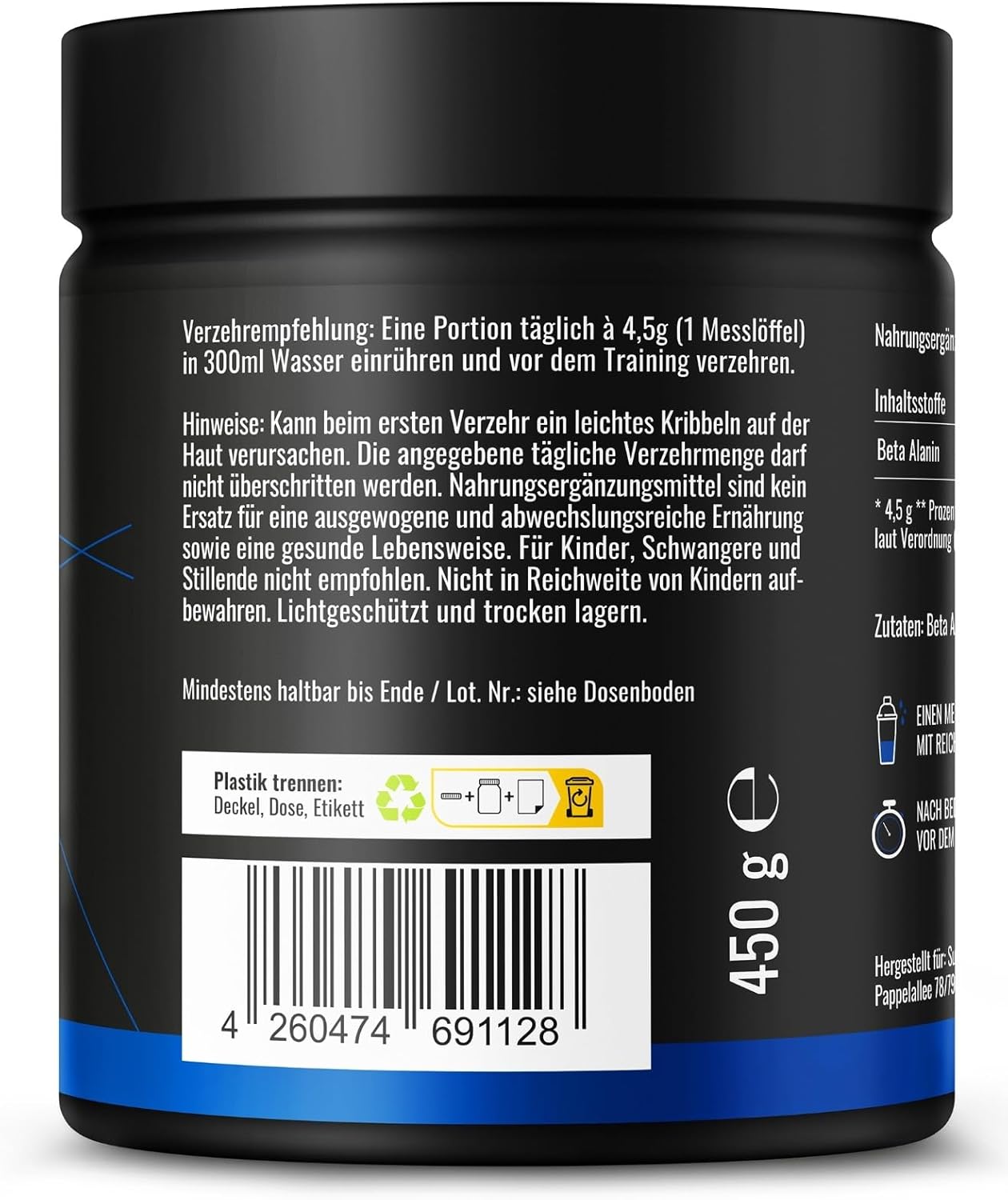 Thumbnail 2 de Beta Alanin Pulver 450 g – 99% Aminosäure Beta-Alanine, vegan & in Deutschland produziert