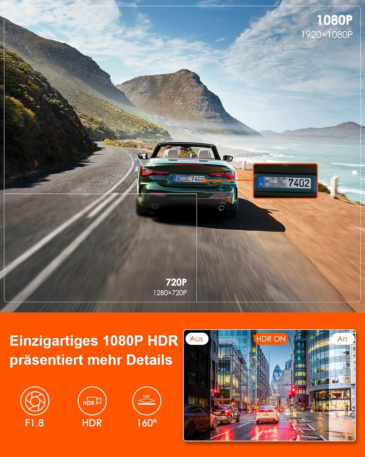 Thumbnail 2 de VANTRUE E1 Lite 1080P Mini WiFi GPS Dash Cam anteriore con HDR, controllo app e comandi vocali in inglese