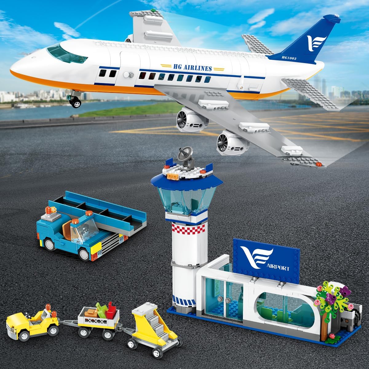 Thumbnail 6 de CUBIMANA 901PCS Flughafen Bauspielzeug – Großes City Passagierflugzeug mit LED-Beleuchtung, Terminal, Turm und Gepäckwagen