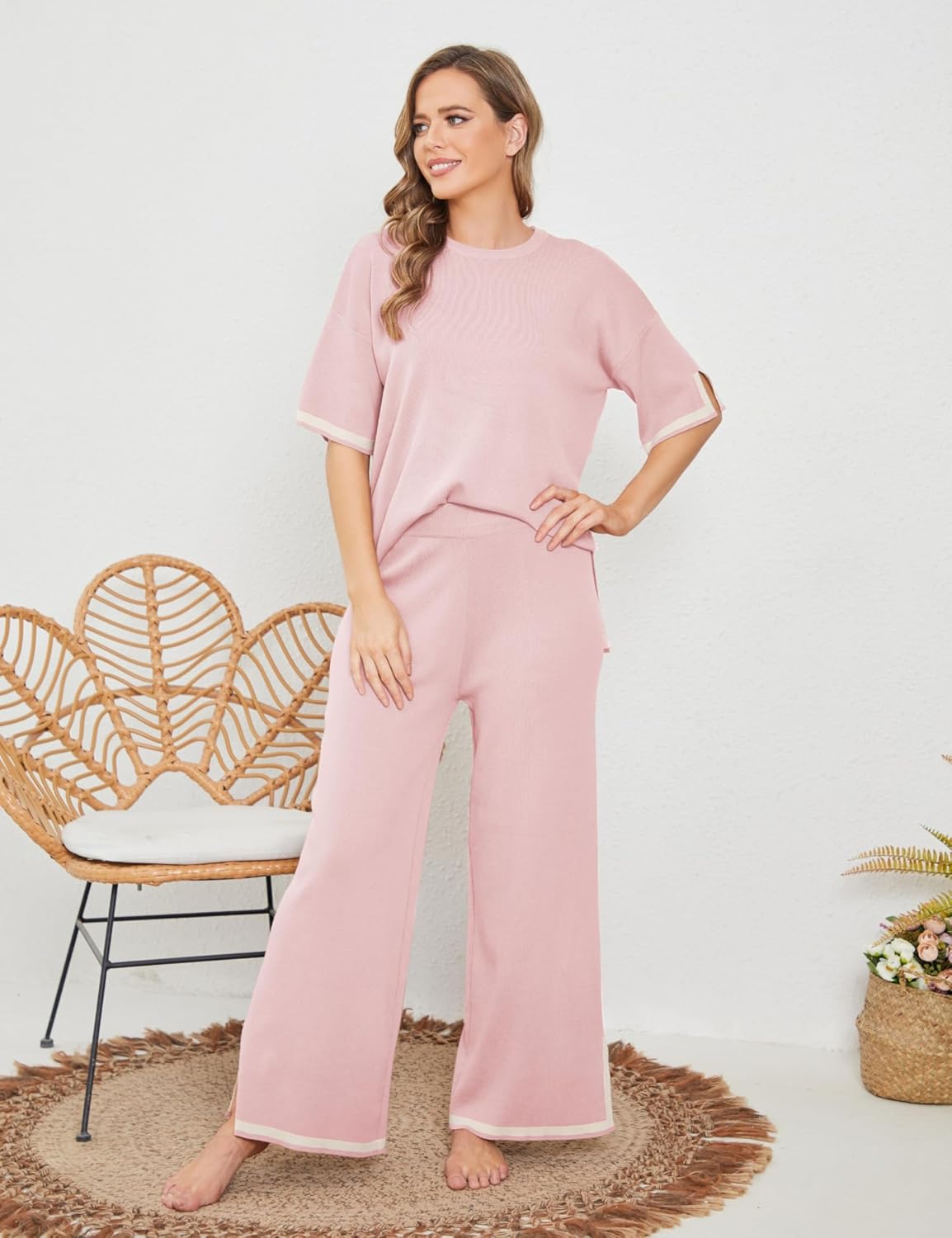 Detalle de Tanming Women’s 2-Piece Sweater Lounge Set (Short Sleeve Knit Pullover + Wide-Leg Pants)