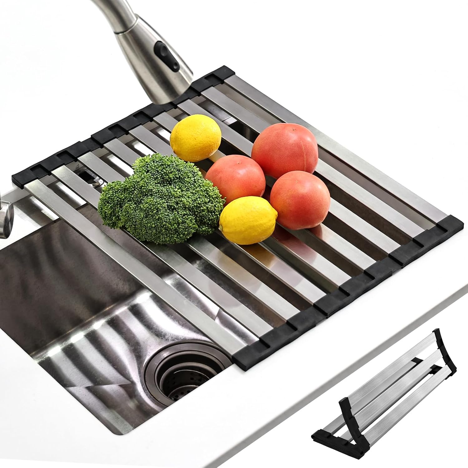KitchenRaku Abtropfgestell Geschirr 40x32,5 cm – faltbar, Edelstahl 304 mit Silikonendenschutz