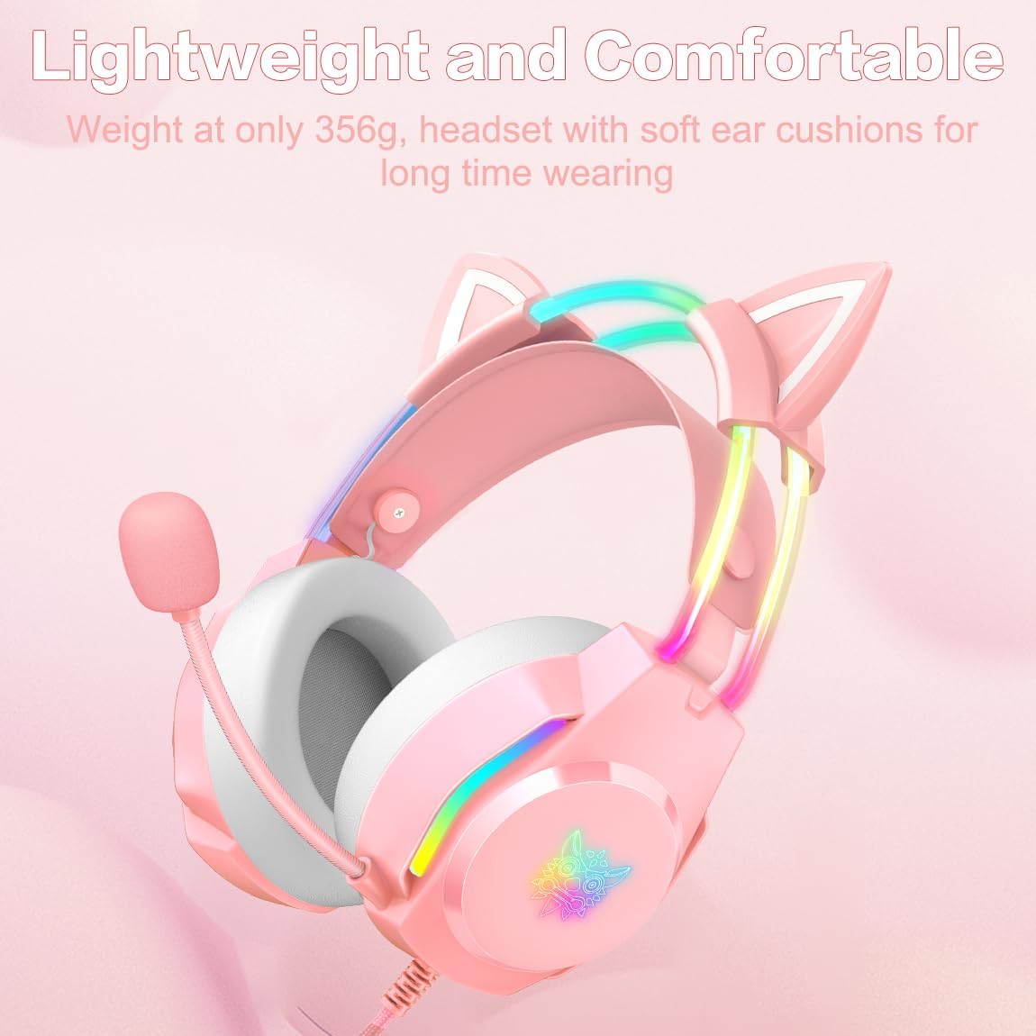 Detalle de ONITOON Gaming Headset with Cat Ears (Pink) – RGB backlight, removable cat ears and virtual 7.1