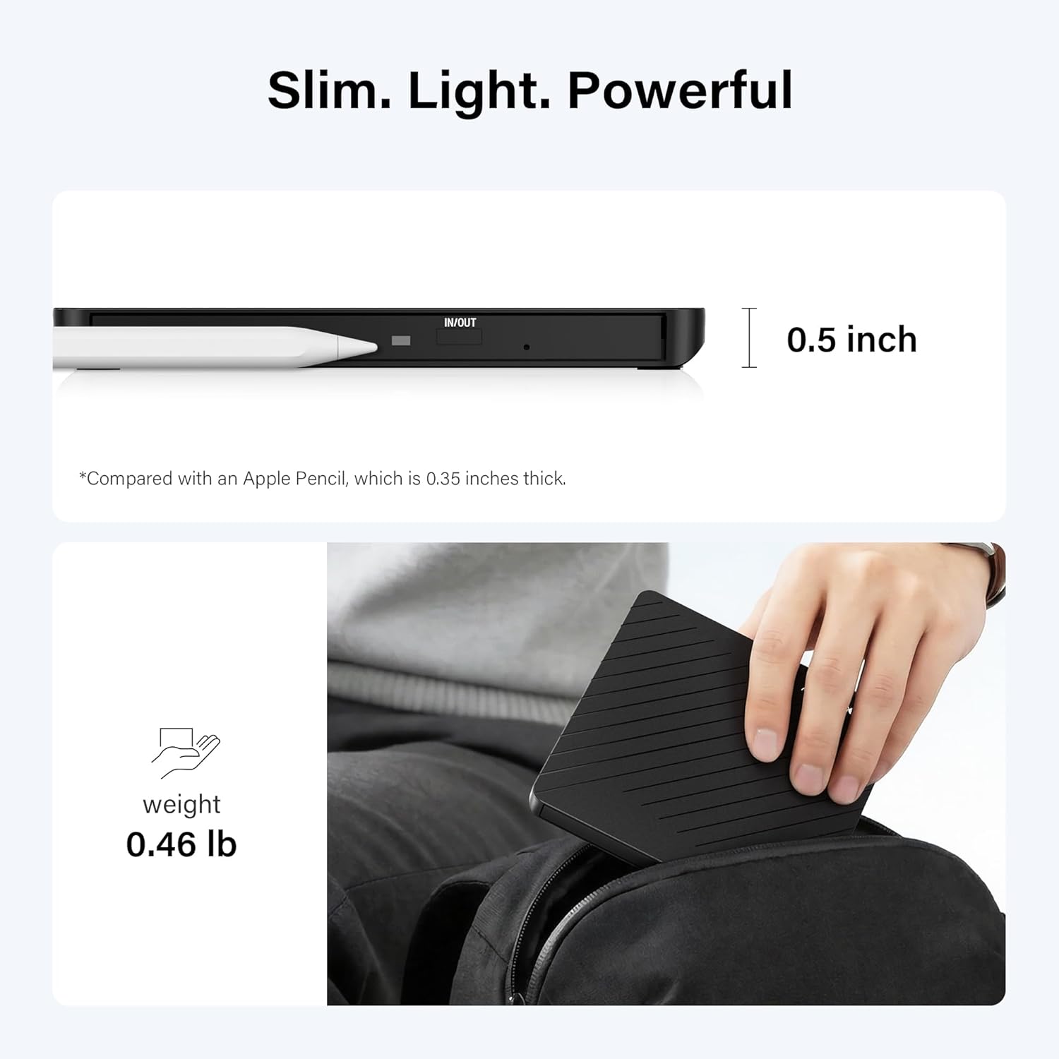 Detalle de Amicool Externes CD/DVD Laufwerk – USB-C/USB-A, Ultraflach 13 mm, Dual-Stromversorgung, kompatibel mit MacBook, Windows, Linux
