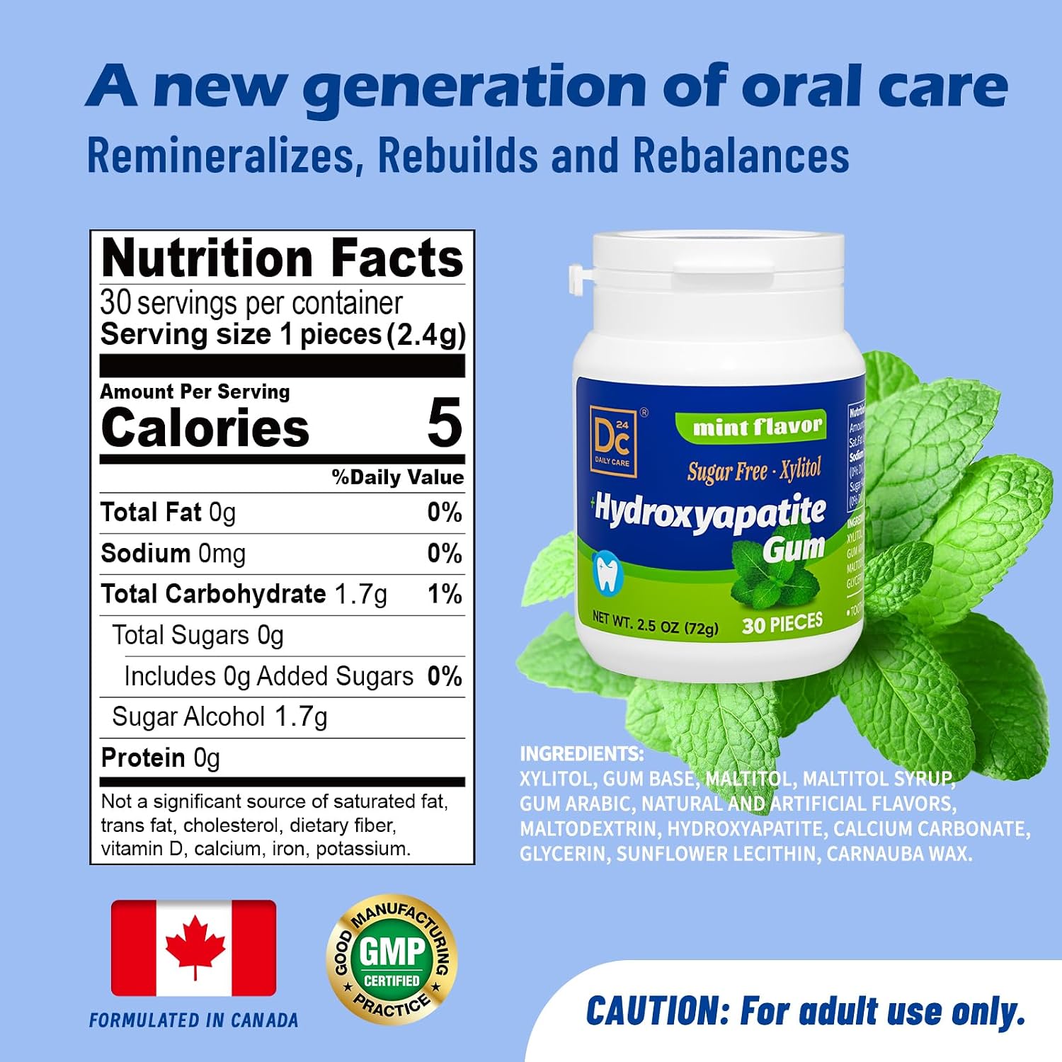 Detalle 2 de DC24 DAILY CARE Remineralizing Hydroxyapatite Gum, Peppermint, 90 Count