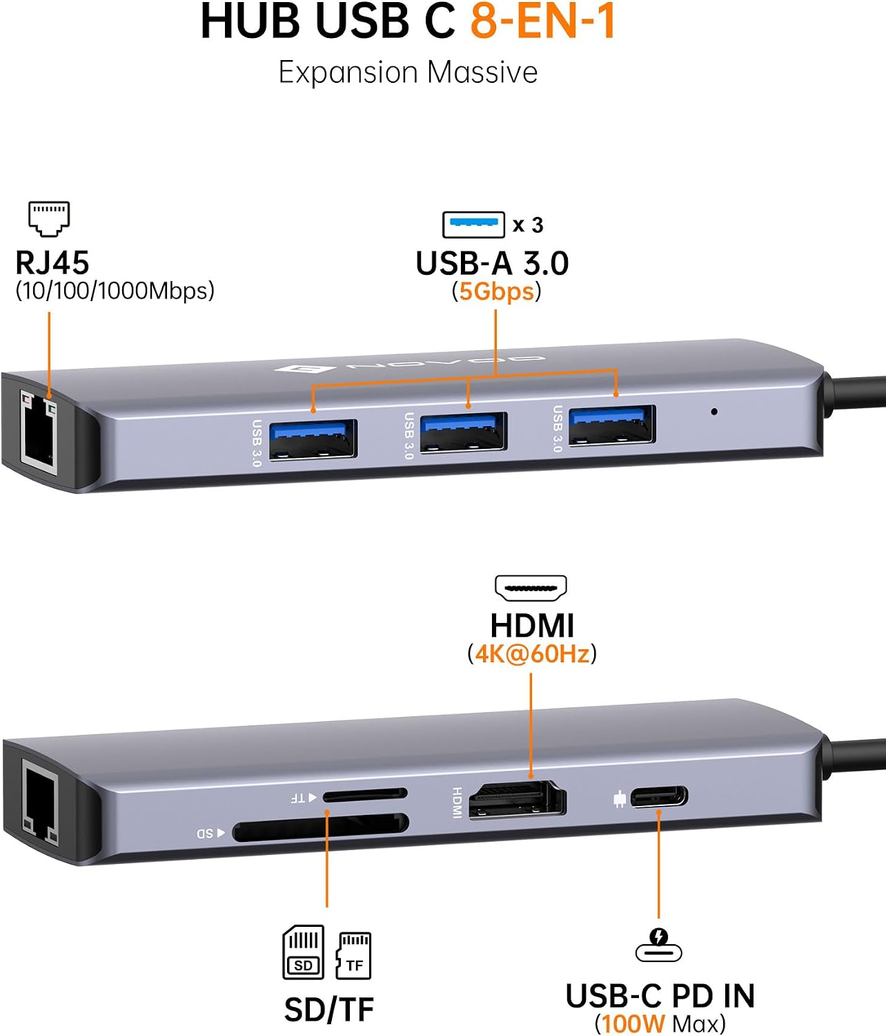Detalle 2 de NOVOO Hub USB C 8 en 1 HDMI 4K