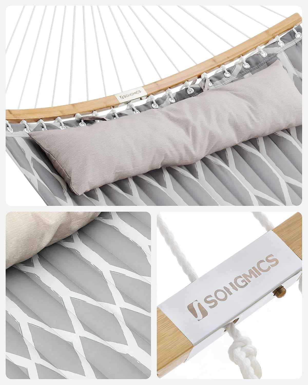 Thumbnail 3 de SONGMICS Hängematte gepolstert mit teilbaren Bambusstangen, 200 x 140 cm, max. 225 kg – grau/beige