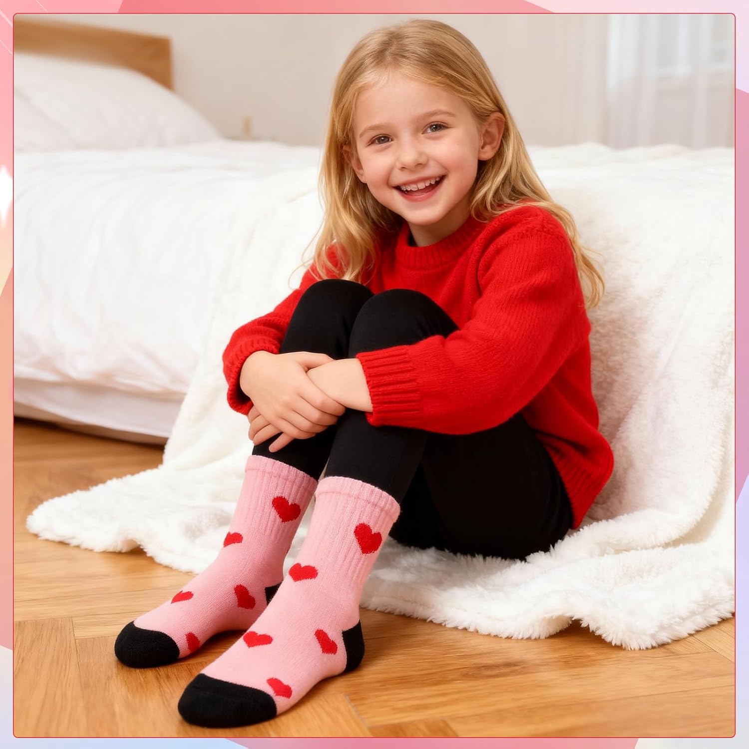 Thumbnail 2 de Zuimei 5 Pairs Girls Cotton Crew Socks with Heart Pattern – 9-12 Years